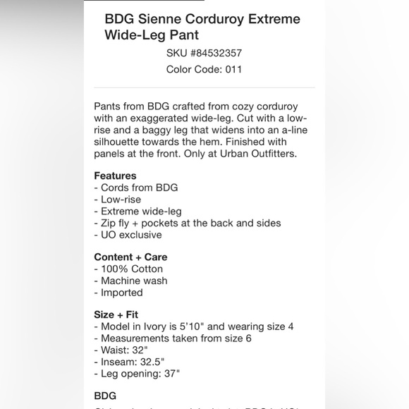 URBAN OUTFITTERS BDG Sienna Extreme Wide Leg‎ Corduroy Pants Jeans 29 SOLD OUT - Picture 2 of 12